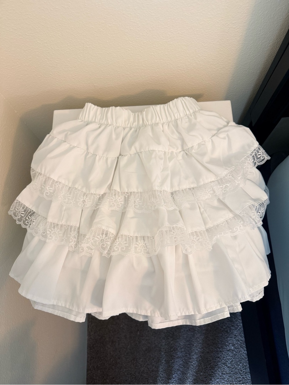 White Tiered Lace Ruffle Skirt with Elastic Waist